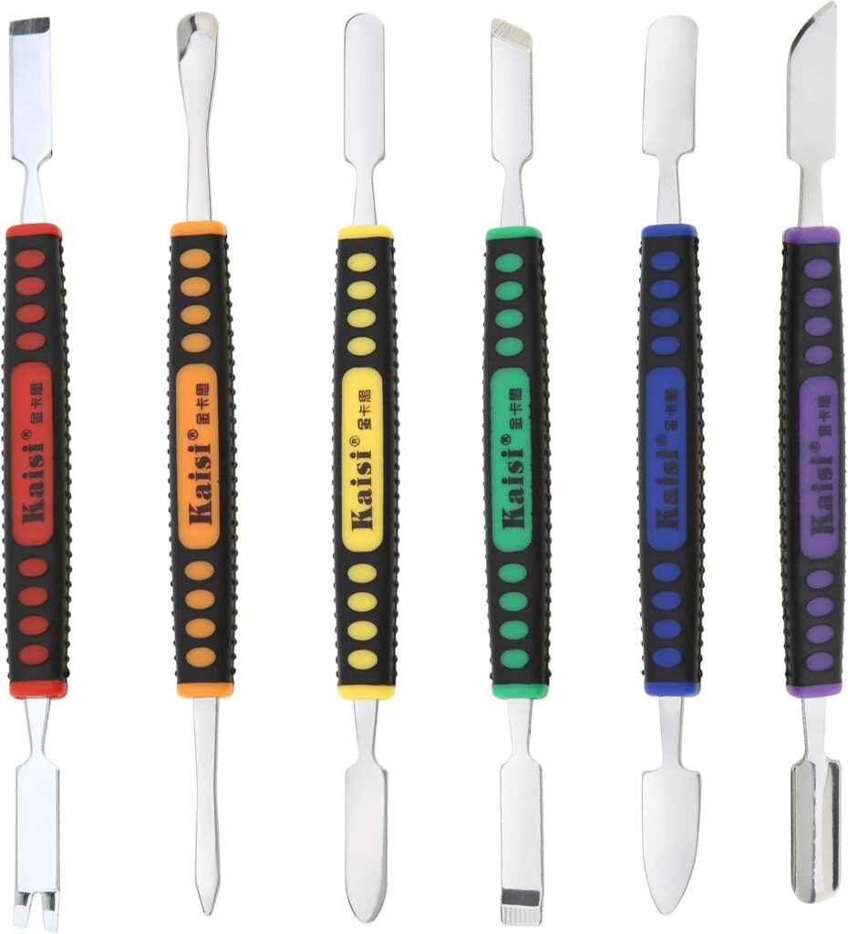 OriGlam Precision Spudger Set for Electronics Repair OriGlam precision spudger set with six double-ended tools, featuring colored rubber grips and metal tips.