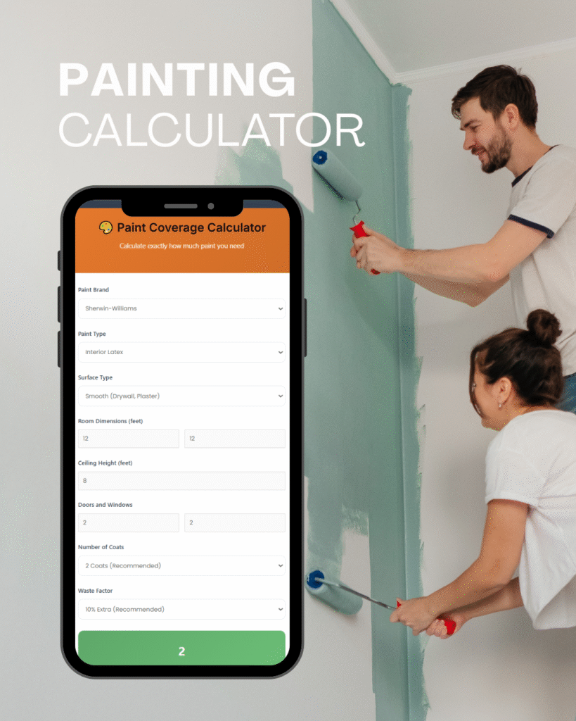 Two people painting a wall with green paint using rollers; smartphone showing paint coverage calculator app in foreground.